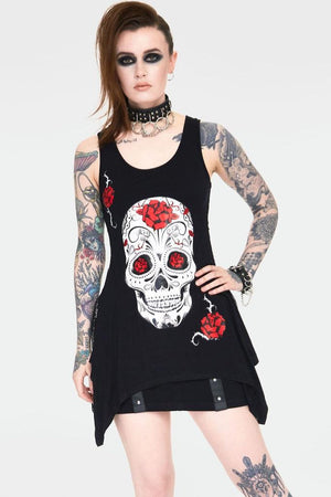 Mexican Skull And Roses Longline Sleeveless Top With Back Mesh-Jawbreaker-Dark Fashion Clothing