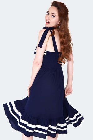 Nautical Bust Ruffle Tie Strap Midi Dress-Voodoo Vixen-Dark Fashion Clothing