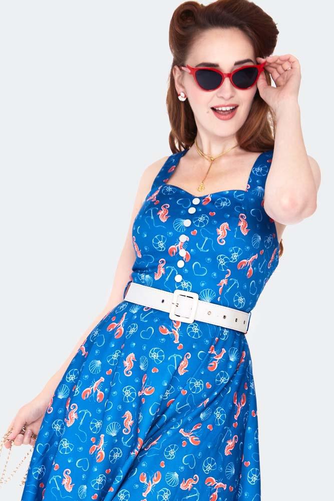 Nautical Print Button Detail Flare Dress-Voodoo Vixen-Dark Fashion Clothing