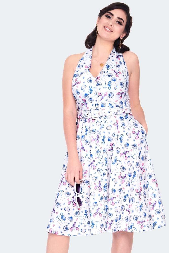 Nautical Print Button Front Halterneck Dress-Voodoo Vixen-Dark Fashion Clothing