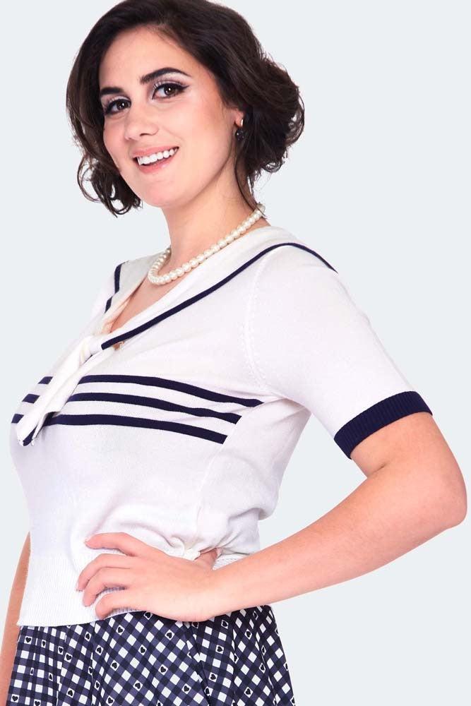 Nautical Tri-Stripe Front Bow Top-Voodoo Vixen-Dark Fashion Clothing