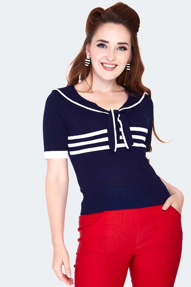 Nautical Tri-Stripe Front Bow Top-Voodoo Vixen-Dark Fashion Clothing