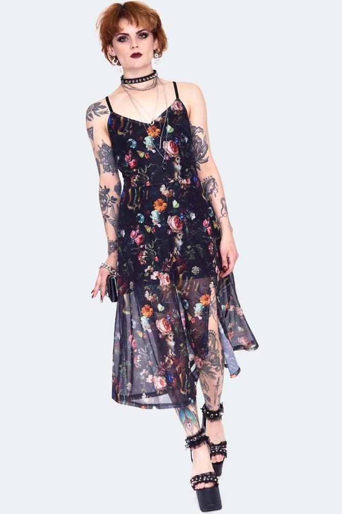 Night Garden Print Midi Dress-Jawbreaker-Dark Fashion Clothing