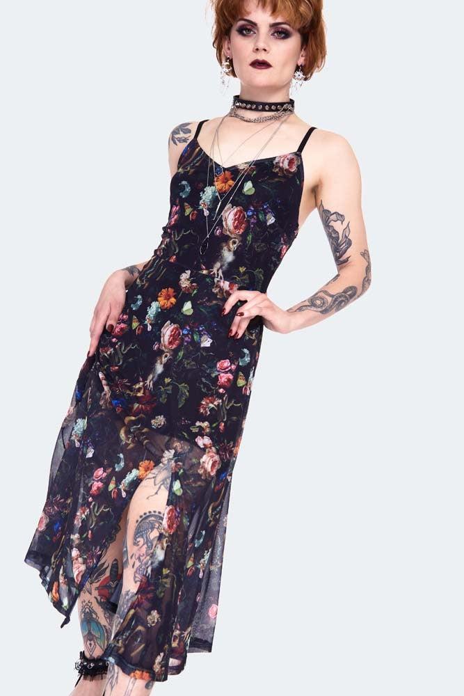 Night Garden Print Midi Dress-Jawbreaker-Dark Fashion Clothing