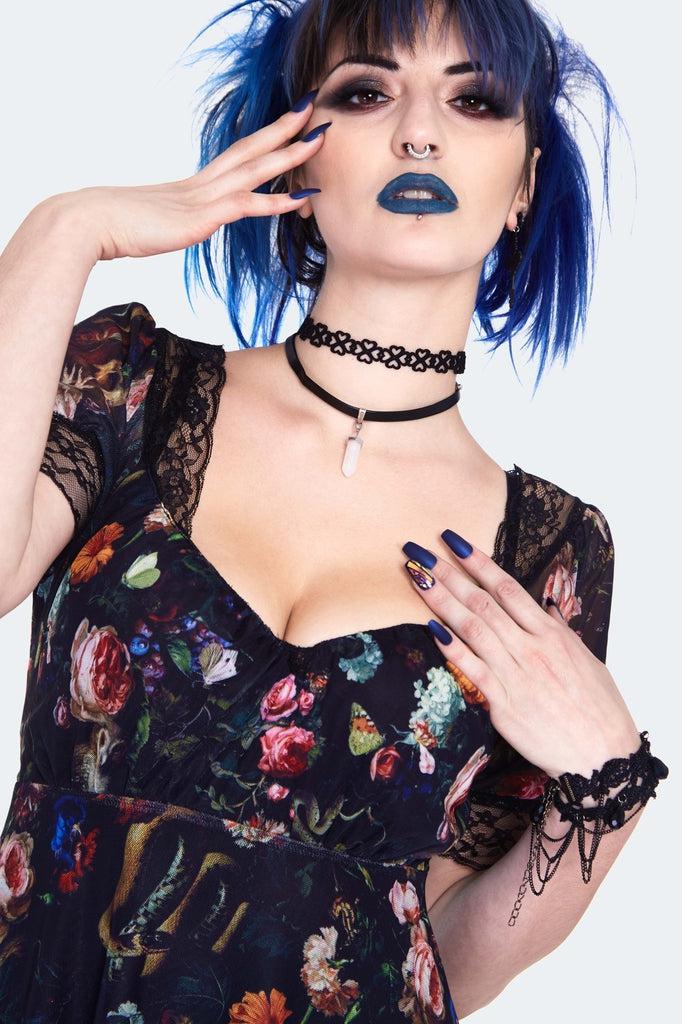 Night Garden Print Midi Dress With Lace-Jawbreaker-Dark Fashion Clothing
