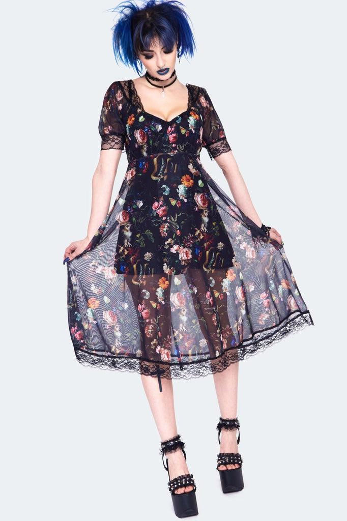 Night Garden Print Midi Dress With Lace-Jawbreaker-Dark Fashion Clothing