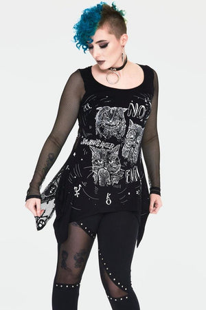 No Evil Cats Longline Top With Net Sleevess-Jawbreaker-Dark Fashion Clothing