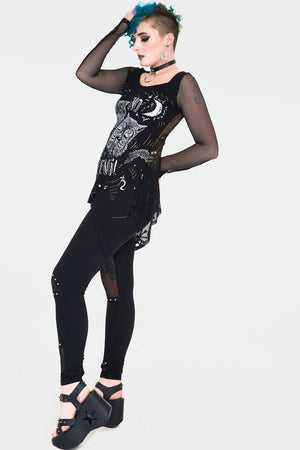 No Evil Cats Longline Top With Net Sleevess-Jawbreaker-Dark Fashion Clothing