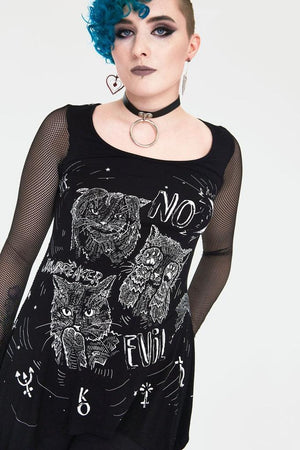 No Evil Cats Longline Top With Net Sleevess-Jawbreaker-Dark Fashion Clothing