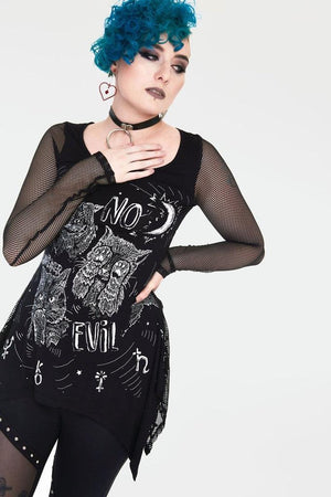 No Evil Cats Longline Top With Net Sleevess-Jawbreaker-Dark Fashion Clothing