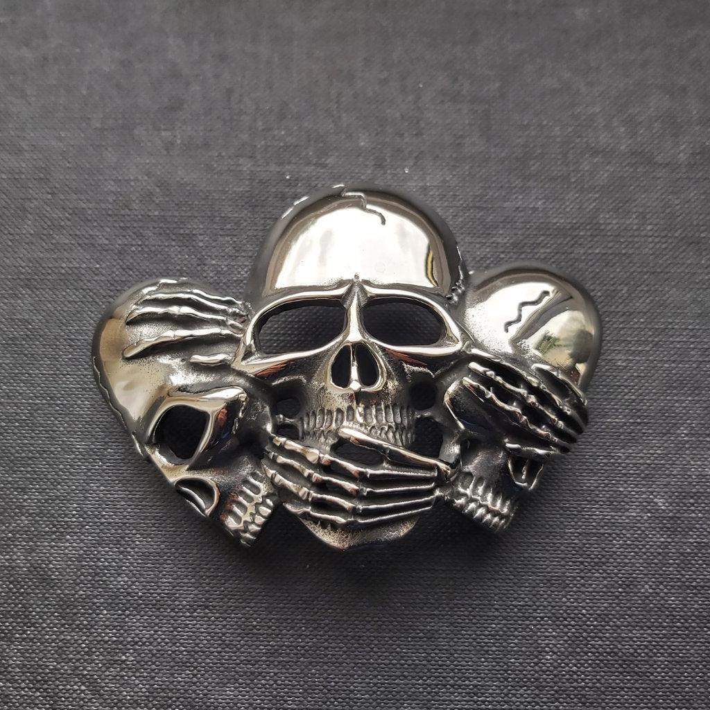 No Evil Skulls Belt Buckle - Stainless Steel - 0007-Badboy-Dark Fashion Clothing