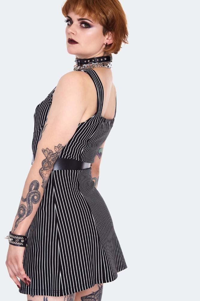 Pinstripe Bodycre Dress With Waist Belt-Jawbreaker-Dark Fashion Clothing