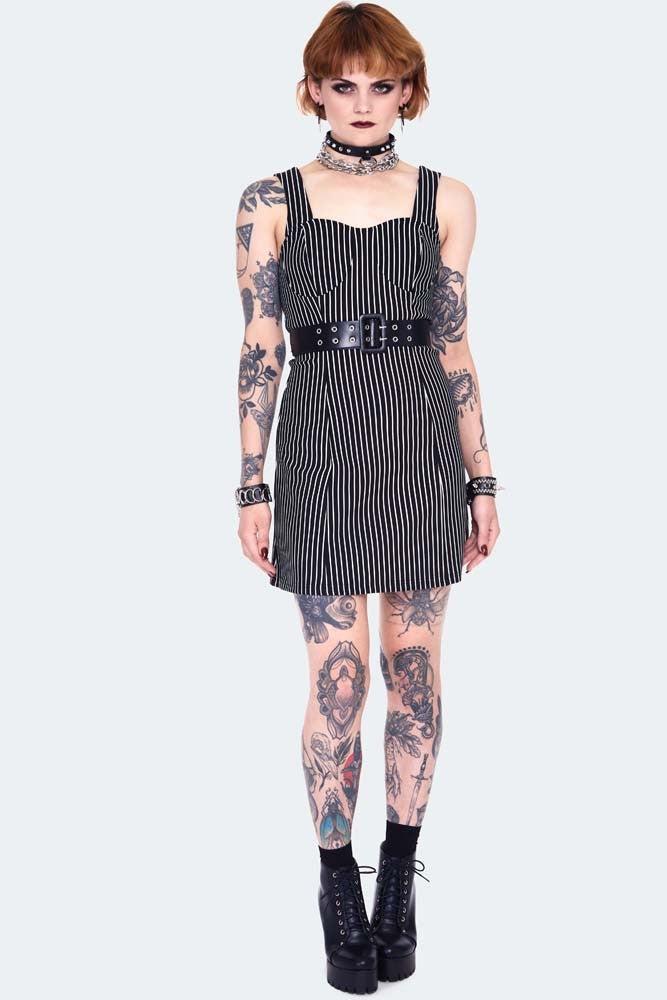 Pinstripe Bodycre Dress With Waist Belt-Jawbreaker-Dark Fashion Clothing