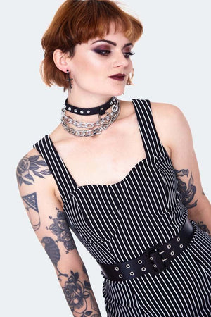 Pinstripe Bodycre Dress With Waist Belt-Jawbreaker-Dark Fashion Clothing