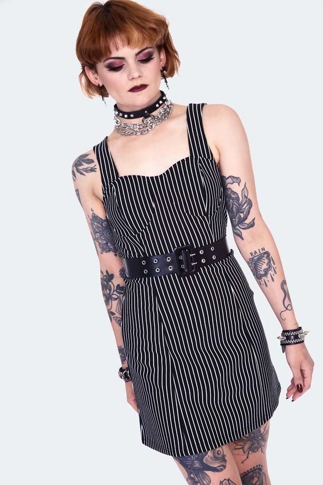 Pinstripe Bodycre Dress With Waist Belt-Jawbreaker-Dark Fashion Clothing