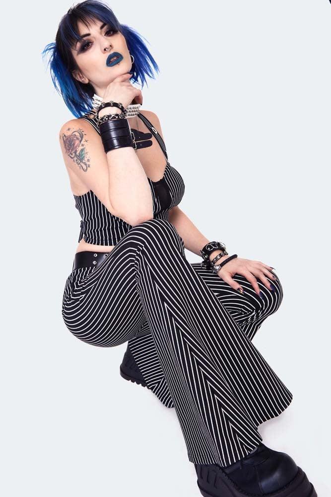 Pintstripe Flared Jersey Trousers-Jawbreaker-Dark Fashion Clothing