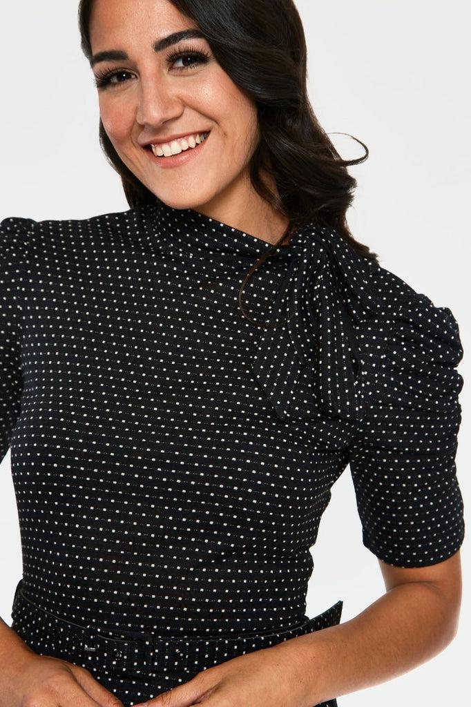 Posie Black Polka Dot Tie Neck Dress-Voodoo Vixen-Dark Fashion Clothing