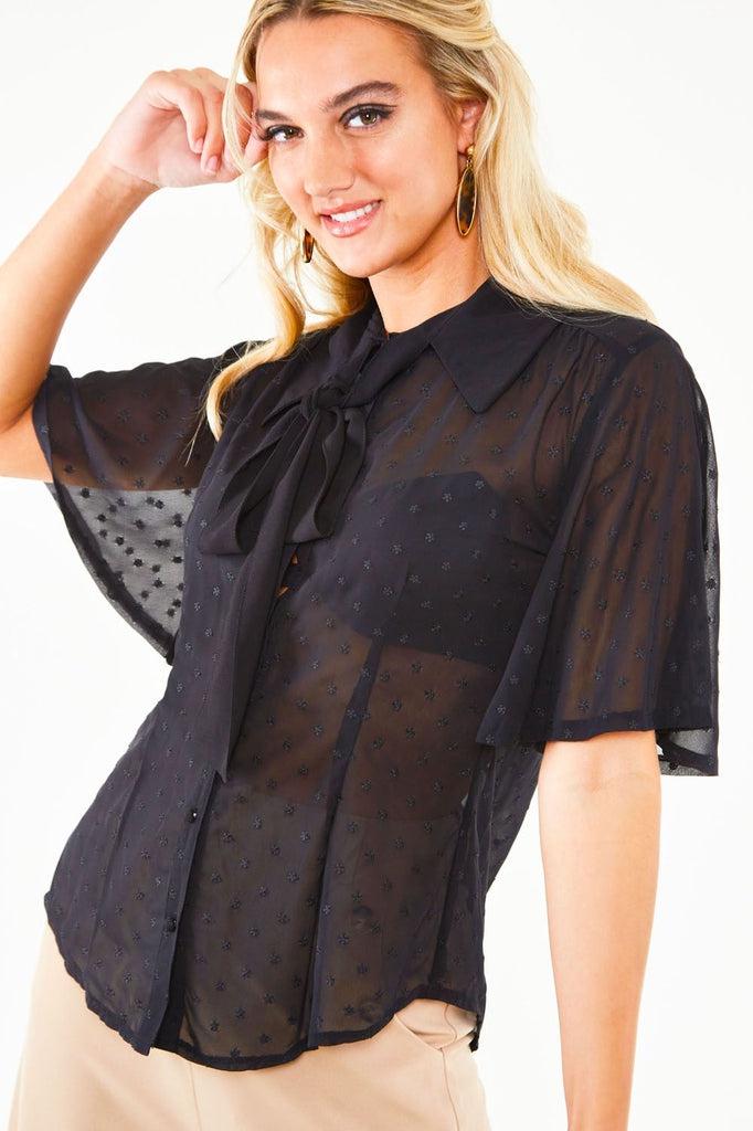 Pussy Bow Top With Flutter Sleeves-Voodoo Vixen-Dark Fashion Clothing