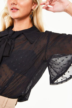 Pussy Bow Top With Flutter Sleeves-Voodoo Vixen-Dark Fashion Clothing