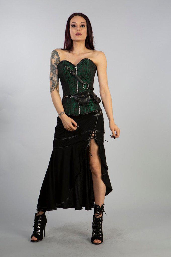 Reversible Overbust Zip Corset In Black Twill And Green Scroll-Burleska-Dark Fashion Clothing