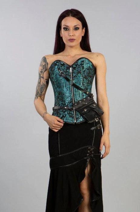 Reversible Overbust Zip Corset In Gold King And Turquoise Black Jacquard-Burleska-Dark Fashion Clothing