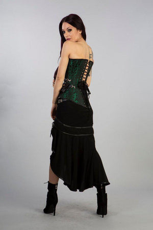 Reversible Overbust Zip Corset In Green Scroll And Black Twill-Burleska-Dark Fashion Clothing