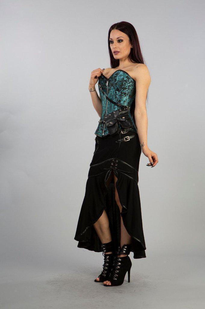 Reversible Overbust Zip Corset In Turquoise Black Jacquard And Gold King-Burleska-Dark Fashion Clothing