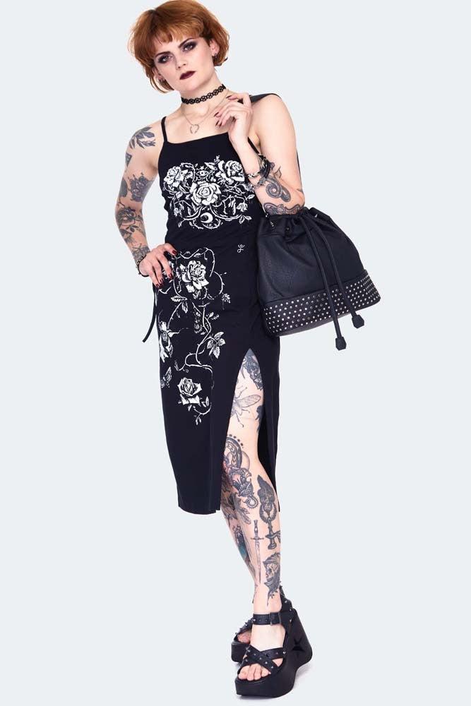 Rose Vine Screen Print Midi Dress-Jawbreaker-Dark Fashion Clothing