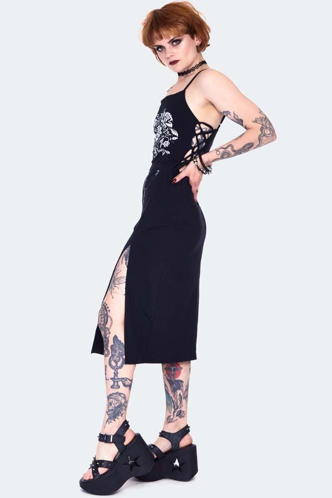 Rose Vine Screen Print Midi Dress-Jawbreaker-Dark Fashion Clothing