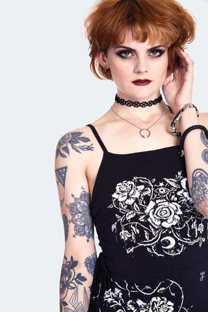 Rose Vine Screen Print Midi Dress-Jawbreaker-Dark Fashion Clothing