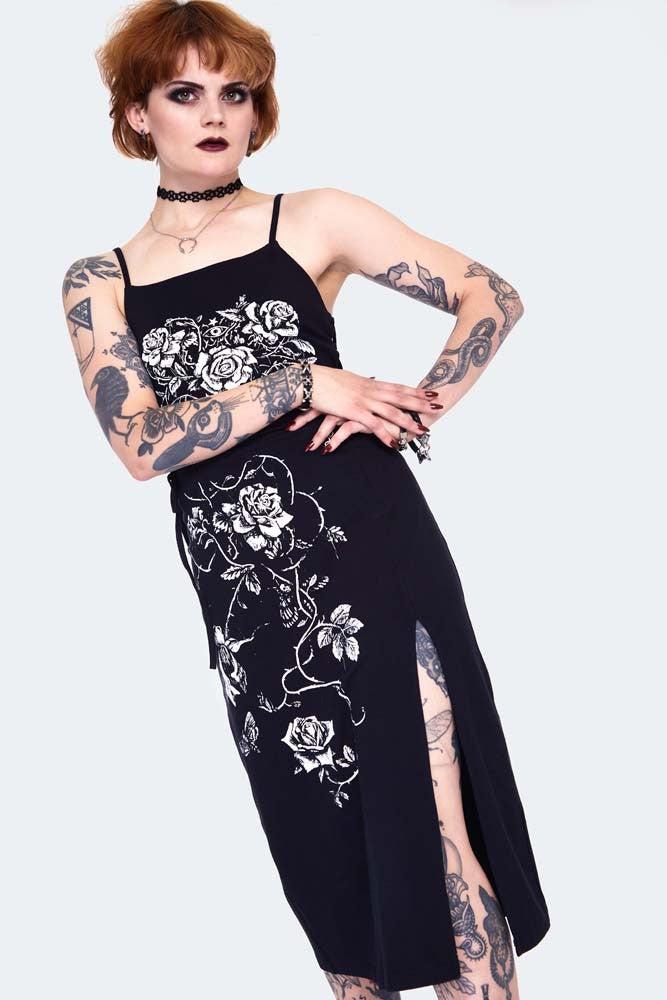 Rose Vine Screen Print Midi Dress-Jawbreaker-Dark Fashion Clothing