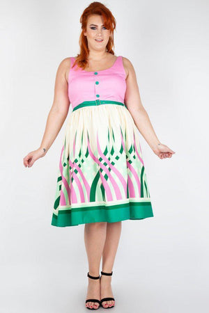 Sabrina Watermelon Border Print Flared Dress-Voodoo Vixen-Dark Fashion Clothing