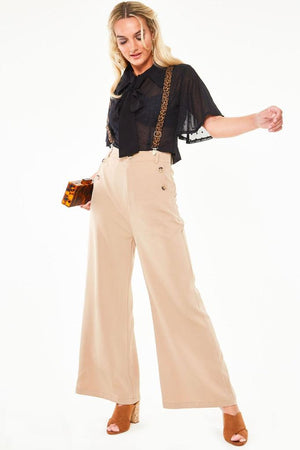 Safari Flare Trousers With Leopard Print Suspenders-Voodoo Vixen-Dark Fashion Clothing