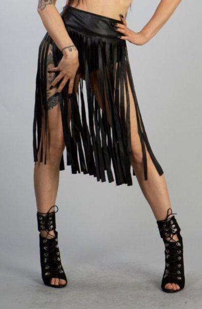 Shredder Knee Length Fringe Skirt In Black Matte-Burleska-Dark Fashion Clothing