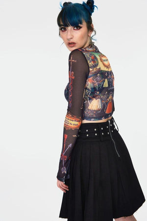 Skeleton Dance Print Mesh Crop Top-Jawbreaker-Dark Fashion Clothing