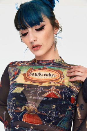 Skeleton Dance Print Mesh Crop Top-Jawbreaker-Dark Fashion Clothing
