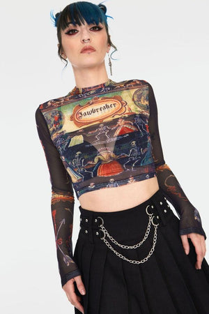 Skeleton Dance Print Mesh Crop Top-Jawbreaker-Dark Fashion Clothing