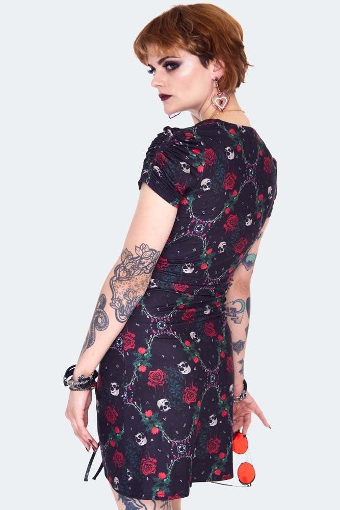 Skull & Roses Print Midi Dress-Jawbreaker-Dark Fashion Clothing