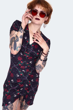 Skull & Roses Print Midi Dress-Jawbreaker-Dark Fashion Clothing