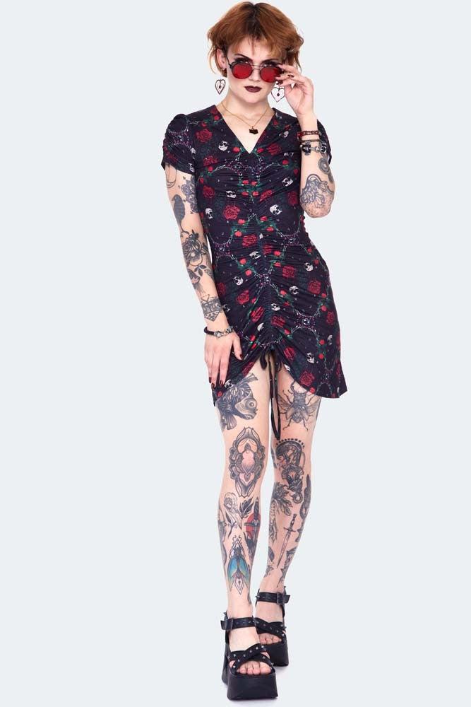 Skull & Roses Print Midi Dress-Jawbreaker-Dark Fashion Clothing
