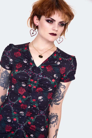 Skull & Roses Print Midi Dress-Jawbreaker-Dark Fashion Clothing