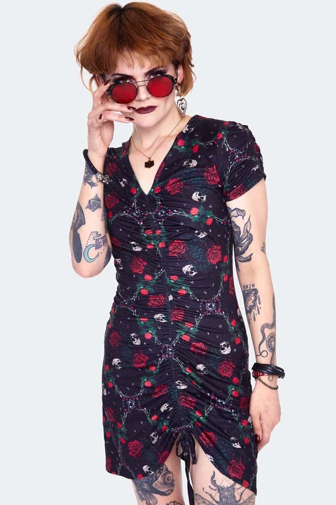 Skull & Roses Print Midi Dress-Jawbreaker-Dark Fashion Clothing