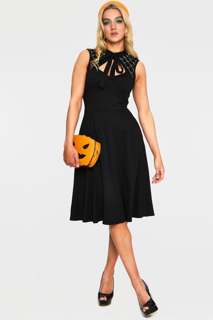 Skye Black Spider Web Tie Neck Dress-Voodoo Vixen-Dark Fashion Clothing