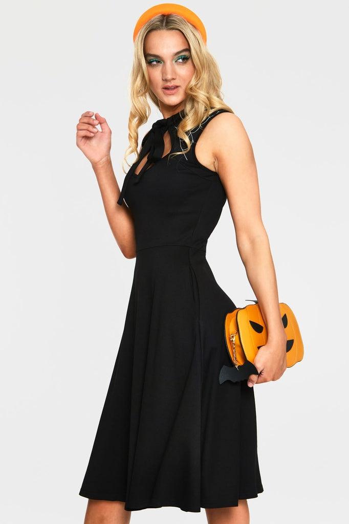 Skye Black Spider Web Tie Neck Dress-Voodoo Vixen-Dark Fashion Clothing