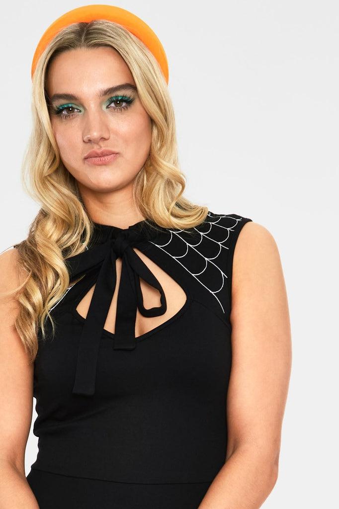 Skye Black Spider Web Tie Neck Dress-Voodoo Vixen-Dark Fashion Clothing
