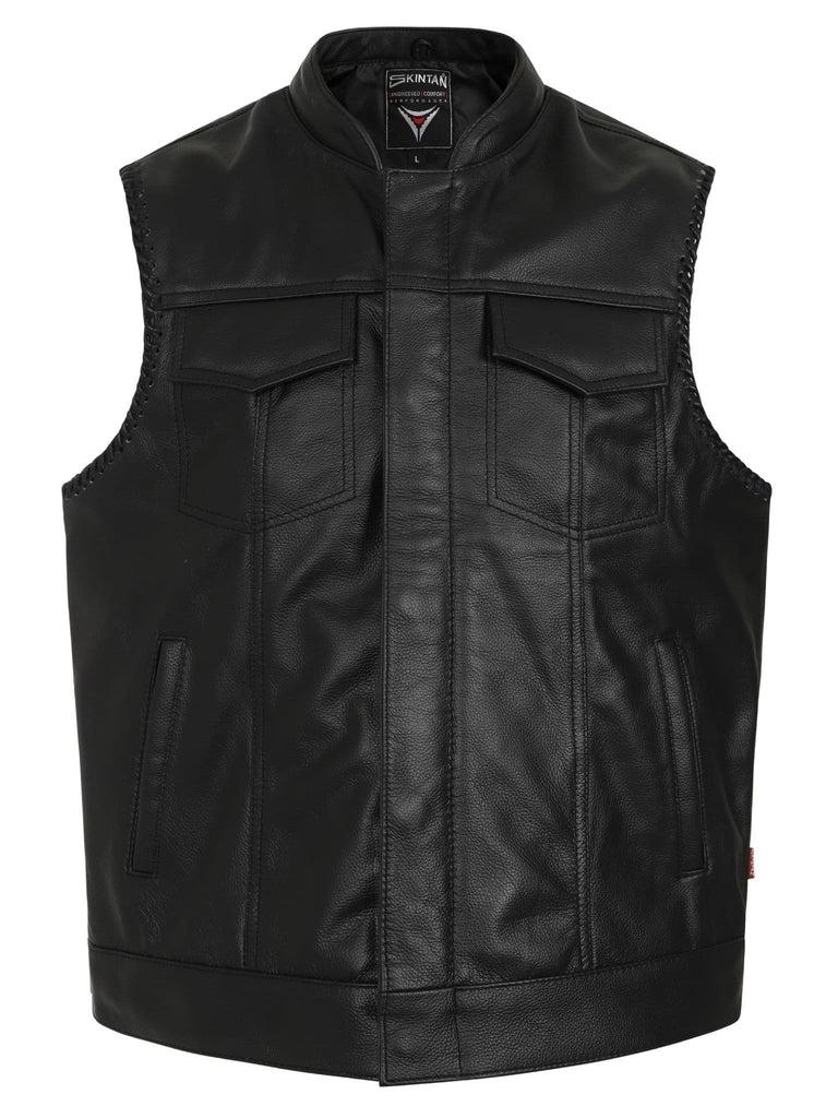 Skyler Leather Perforated Panels Biker Vest-Skintan Leather-Dark Fashion Clothing