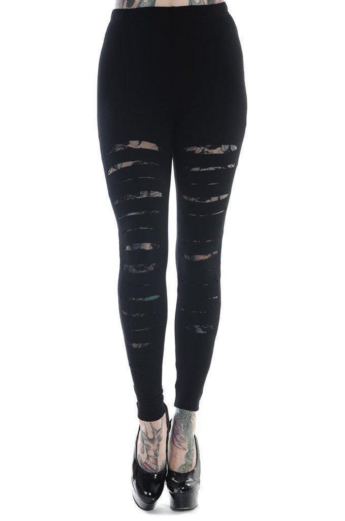 Slashed Black Leggings-Banned-Dark Fashion Clothing
