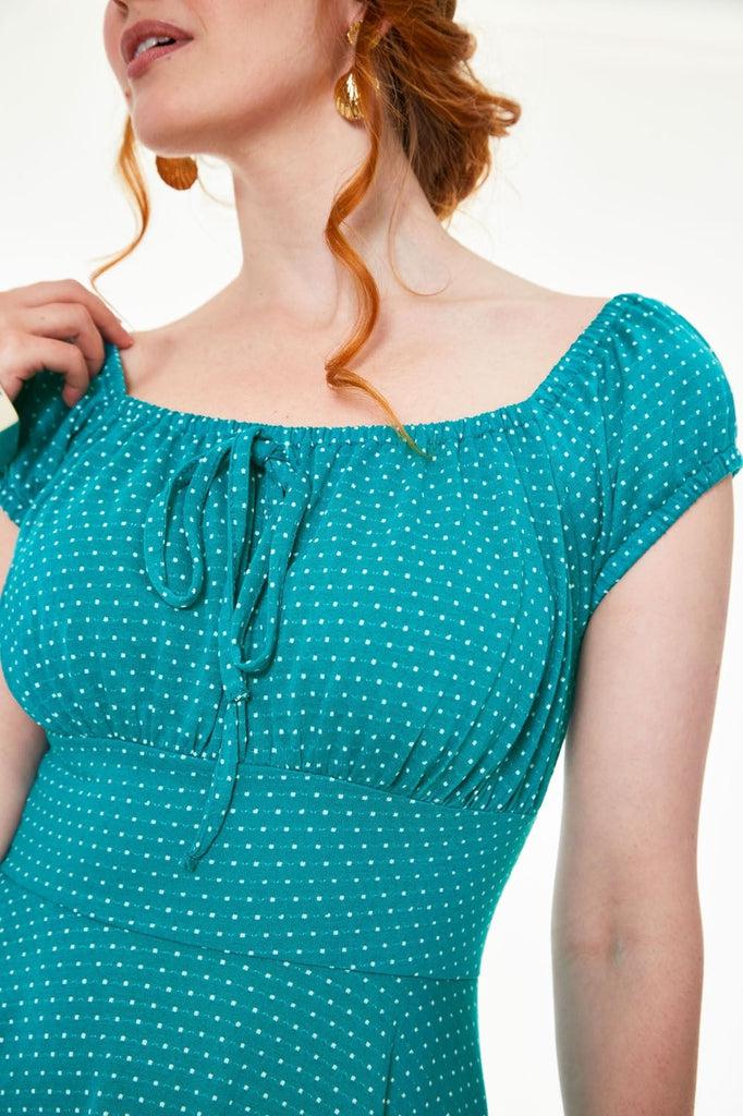 Tessy Gathered Neckline Polka Dot Flare Dress-Voodoo Vixen-Dark Fashion Clothing