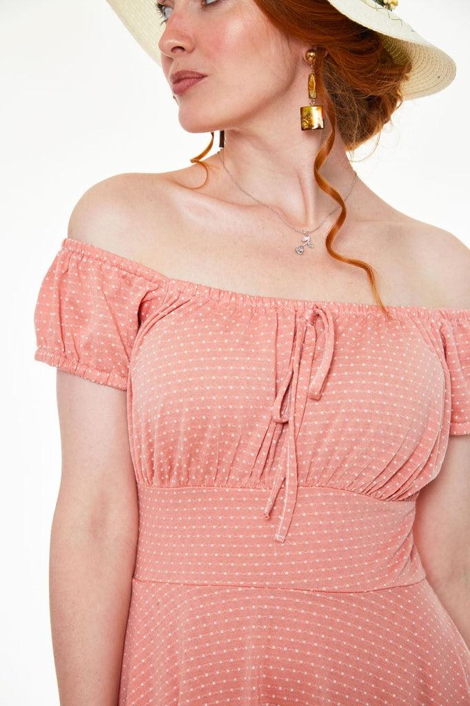 Tessy Gathered Neckline Polka Dot Flare Dress-Voodoo Vixen-Dark Fashion Clothing