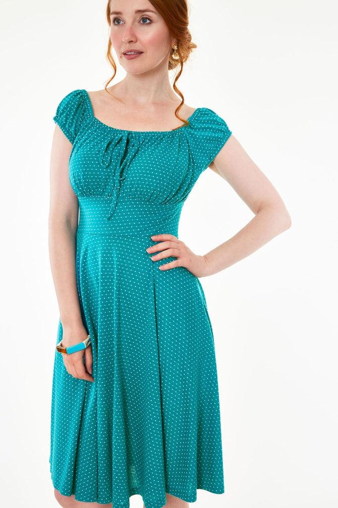 Tessy Gathered Neckline Polka Dot Flare Dress-Voodoo Vixen-Dark Fashion Clothing